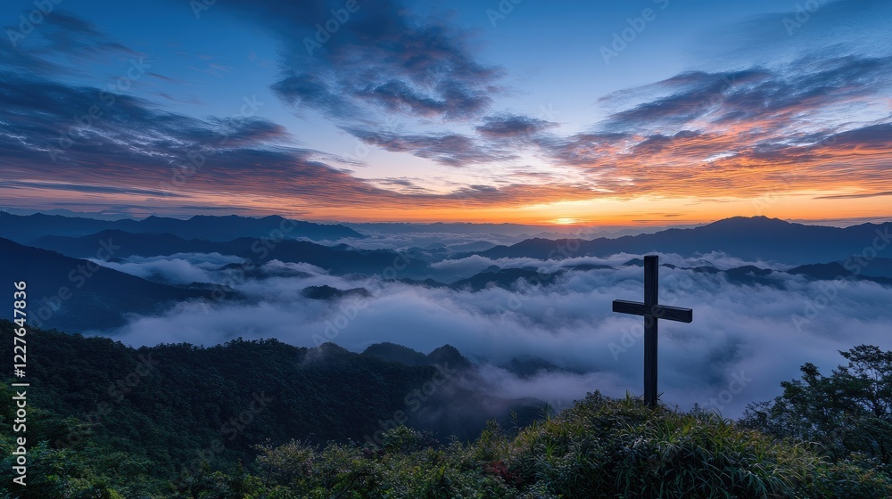Obraz premium Majestic Wooden Cross Silhouetted Against Vibrant Sunrise Over Misty Mountain Landscape