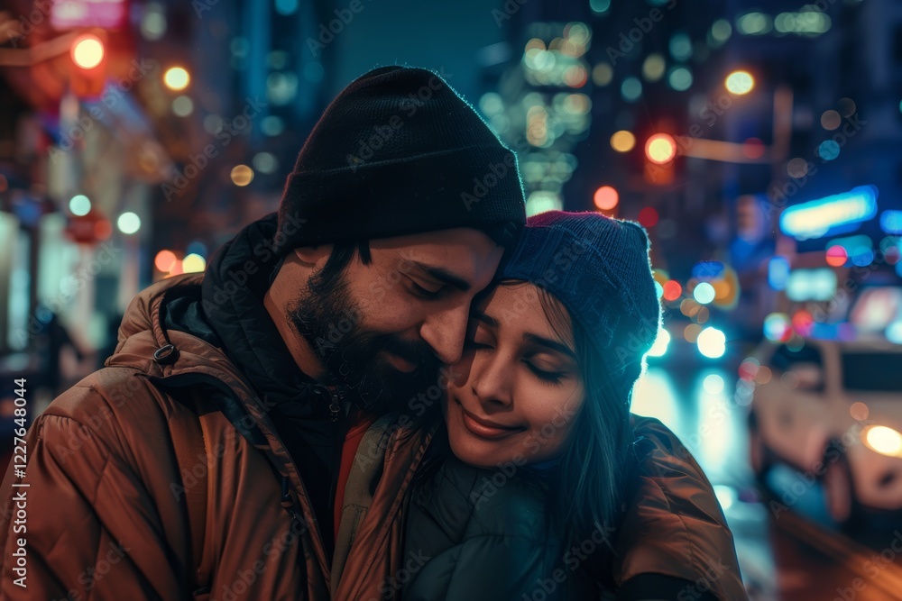 Portrait of a tender indian couple in their 30s wearing a lightweight packable anorak while standing against bustling city street at night Portrait of a tender indian couple in their 30s wearing a lightweight packable anorak while standing against bustling city street at night