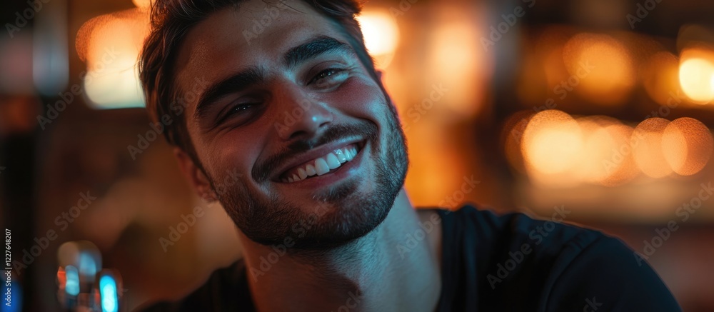 Smiling man with makeup in a moody setting featuring a blurred background and space for text, ideal for creative advertising purposes. Smiling man with makeup in a moody setting featuring a blurred background and space for text, ideal for creative advertising purposes.