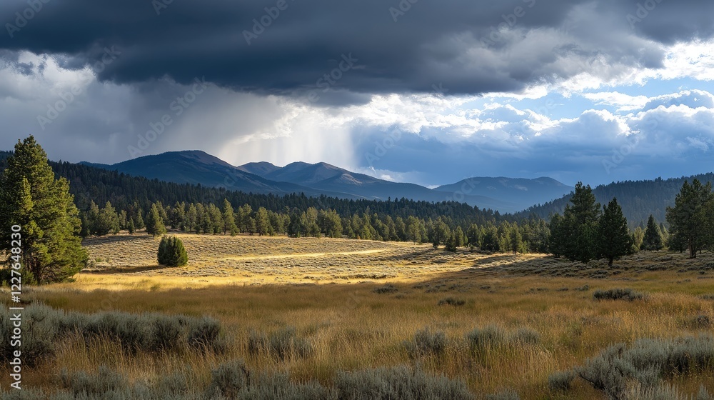 Late afternoon light illuminating a serene valley with storm clouds over majestic mountains and vibrant meadows in natural landscape scene Late afternoon light illuminating a serene valley with storm clouds over majestic mountains and vibrant meadows in natural landscape scene