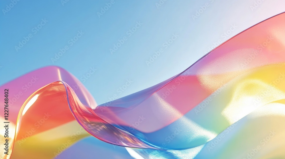 Pastel holographic foil waves with soft colors reflecting blue sky light creating a serene and vibrant background texture. Pastel holographic foil waves with soft colors reflecting blue sky light creating a serene and vibrant background texture.