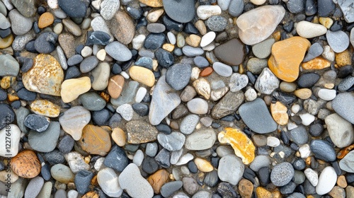 Colorful collection of smooth pebbles on a beach creating a natural textured background ideal for serene and tranquil themes photo