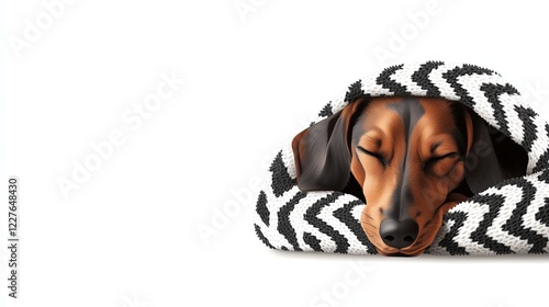 a dachshund wrapped in a cozy blanket, sleepy and cute, traditional illustration, isolated on white background photo