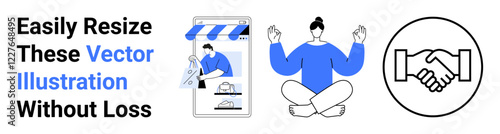 Mobile shopping interface, meditating person, and handshake graphic symbolizing e-commerce, wellness, and collaboration. Ideal for business, mindfulness, teamwork, marketing partnership digital