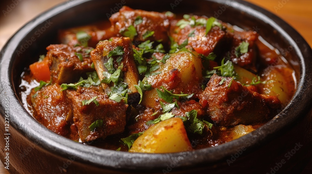 Savory Latin American stew featuring tender spare ribs, fragrant spices, and fresh vegetables served in a traditional clay bowl. Savory Latin American stew featuring tender spare ribs, fragrant spices, and fresh vegetables served in a traditional clay bowl.