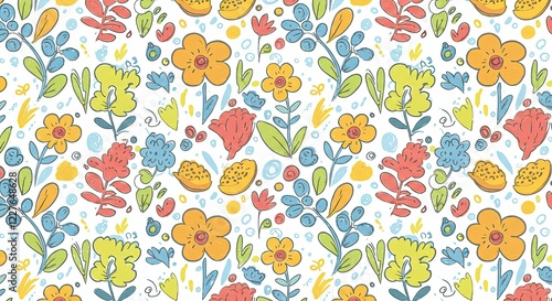 Wallpaper Mural A playful floral fabric pattern with hand-drawn flowers and leaves in bright primary colors on a crisp white background Torontodigital.ca