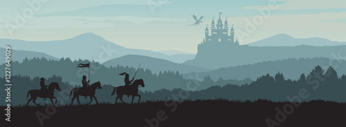 Silhouette of knights on horseback with a castle under attack by a dragon – medieval fantasy landscape vector illustration for banners, and storytelling.