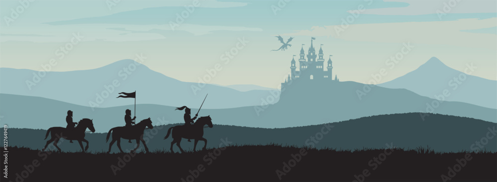 Fototapeta premium Silhouette of knights on horseback with a castle under attack by a dragon – medieval fantasy landscape vector illustration for banners, and storytelling.