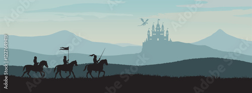 Silhouette of knights on horseback with a castle under attack by a dragon – medieval fantasy landscape vector illustration for banners, and storytelling.