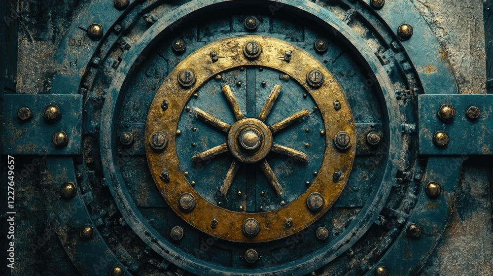 Intricate Vault Door with Golden Turning Wheel Representing Security and Strength in a Gritty Industrial Setting Intricate Vault Door with Golden Turning Wheel Representing Security and Strength in a Gritty Industrial Setting
