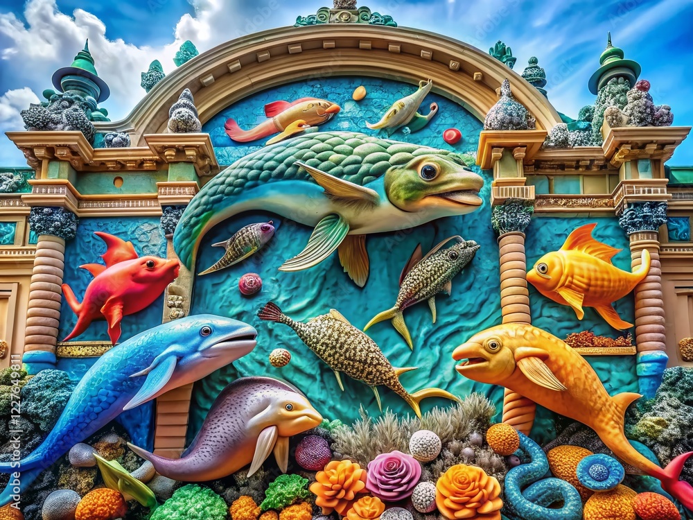 Fototapeta premium Architectural Marine Life: Ornate Building Facade with Sculpted Sea Creatures