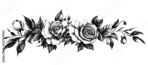 Fototapeta Naklejka Na Ścianę i Meble -  Elegant black ink mourning tattoo design featuring intricately detailed roses with space for personalized text tribute.