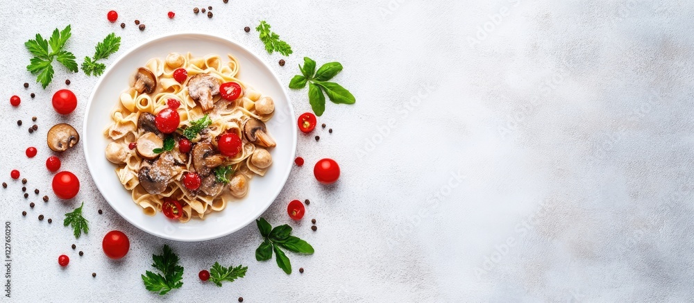 Italian pasta with mushrooms and creamy sauce on a white plate garnished with cherry tomatoes and herbs on a light food background Italian pasta with mushrooms and creamy sauce on a white plate garnished with cherry tomatoes and herbs on a light food background