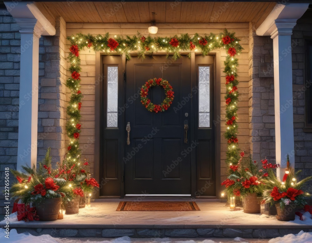 Fototapeta premium Snowy porch entrance with festive garlands and wreath, Christmas decorations, holiday decor