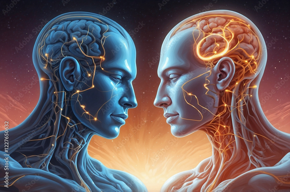 Human Connection: AI and Neural Science Concept with Two Women, One Showing Brain Activity Human Connection: AI and Neural Science Concept with Two Women, One Showing Brain Activity