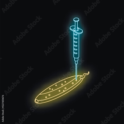 Neon syringe injecting liquid into cucumber, representing genetically modified food production