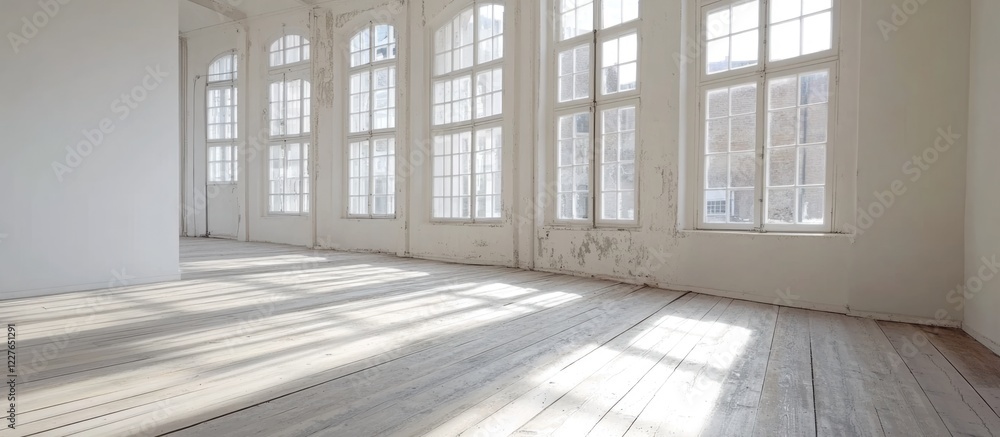 Obraz premium Shabby chic living room interior with white walls and large windows highlighting minimalist design and spacious wooden flooring for comfort