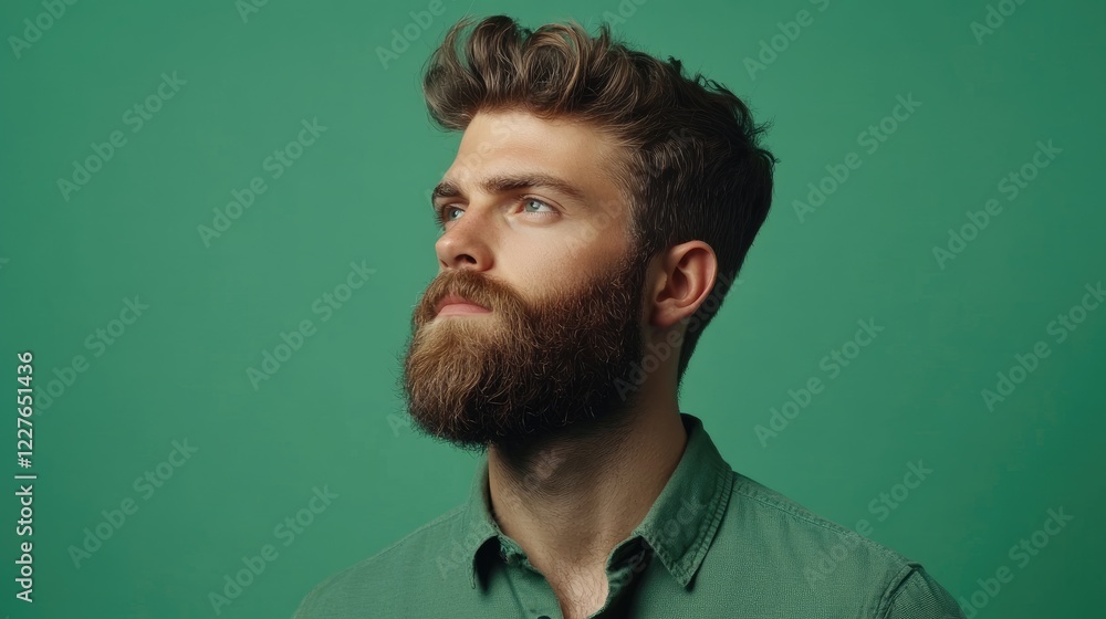 Bearded man in green shirt looking upwards against a solid green background showcasing confidence and tranquility in a minimalist setting Bearded man in green shirt looking upwards against a solid green background showcasing confidence and tranquility in a minimalist setting