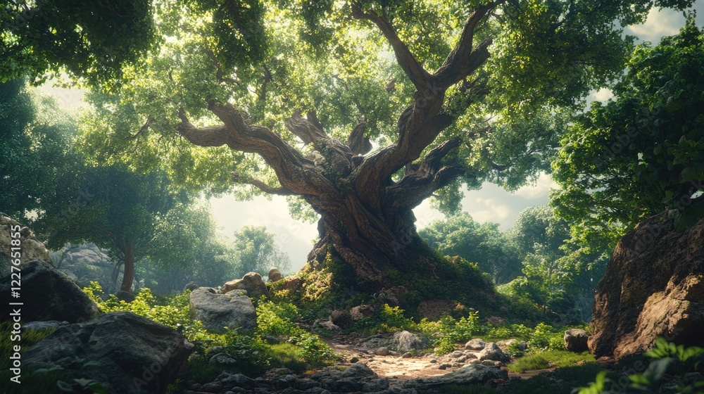 Majestic chestnut tree with lush green foliage and gnarled trunk in a vibrant forest setting, creating a serene natural atmosphere Majestic chestnut tree with lush green foliage and gnarled trunk in a vibrant forest setting, creating a serene natural atmosphere