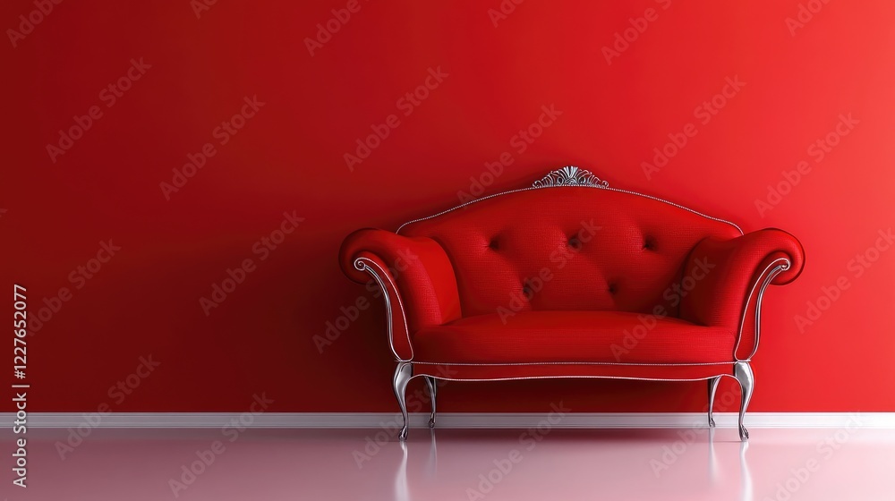 Elegant Red Sofa Against Bright Red Wall in Minimalist Living Room Interior Design with Ample Copy Space for Text and Advertising Elegant Red Sofa Against Bright Red Wall in Minimalist Living Room Interior Design with Ample Copy Space for Text and Advertising
