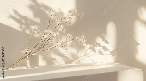 Minimalist arrangement of delicate white flowers casting soft shadows on a serene background ideal for wellness and relaxation themes