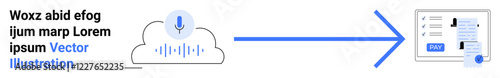 Microphone over cloud visualizing audio capture, arrow signifies conversion, document interface for text storage. Ideal for transcription services, cloud tech, productivity tools, tech advancement