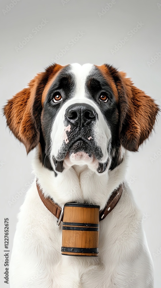 a Saint Bernard with a tiny barrel around its neck, classic mountain rescue theme, ultrarealistic, isolated on white background a Saint Bernard with a tiny barrel around its neck, classic mountain rescue theme, ultrarealistic, isolated on white background