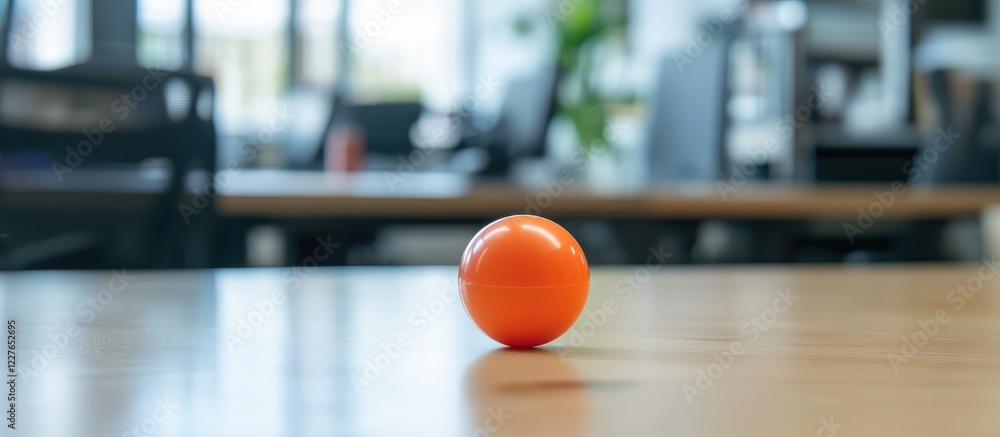 Mouse ball game setup in contemporary office environment with vibrant orange ball on desk highlighting empty workspace Mouse ball game setup in contemporary office environment with vibrant orange ball on desk highlighting empty workspace
