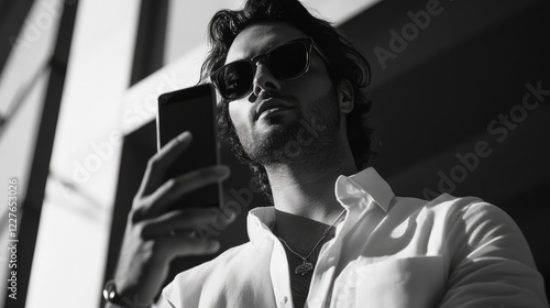 Stylish man with sunglasses capturing a moment on his smartphone in a modern urban setting during the day. photo