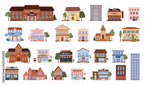 Various flat urban building icons set. Isolated municipal buildings, shops and restaurants. Library, cinema, coffee shop, beauty store, school, museum, bank on white background. Vector illustrations.