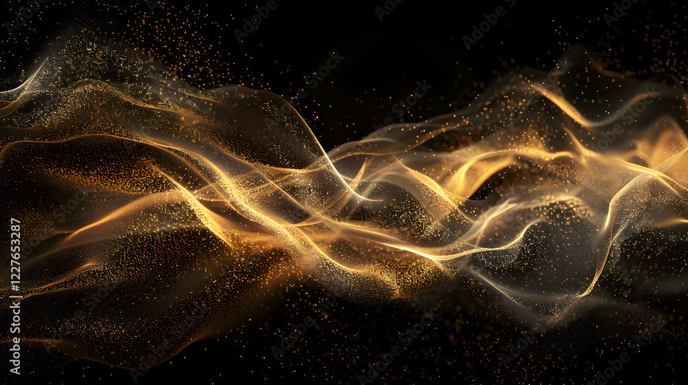 Obraz premium Abstract waves of golden light and particles create a dynamic, ethereal visual effect.