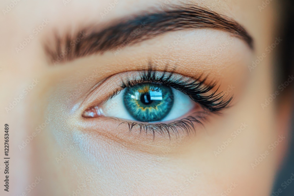Obraz premium Close-up of a woman's striking blue eye with detailed eyelashes and natural makeup in a bright setting