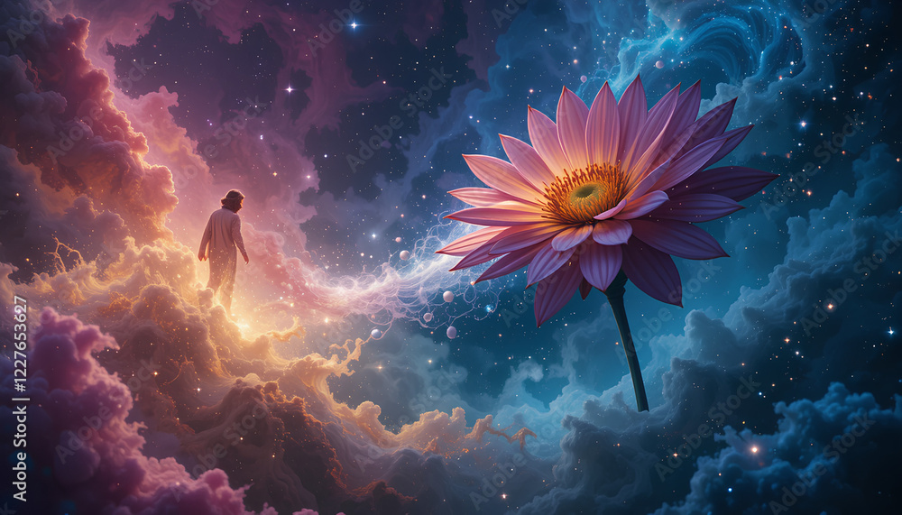 A vibrant flower blooming in the middle of a galaxy, surrounded by stars and cosmic dust A vibrant flower blooming in the middle of a galaxy, surrounded by stars and cosmic dust