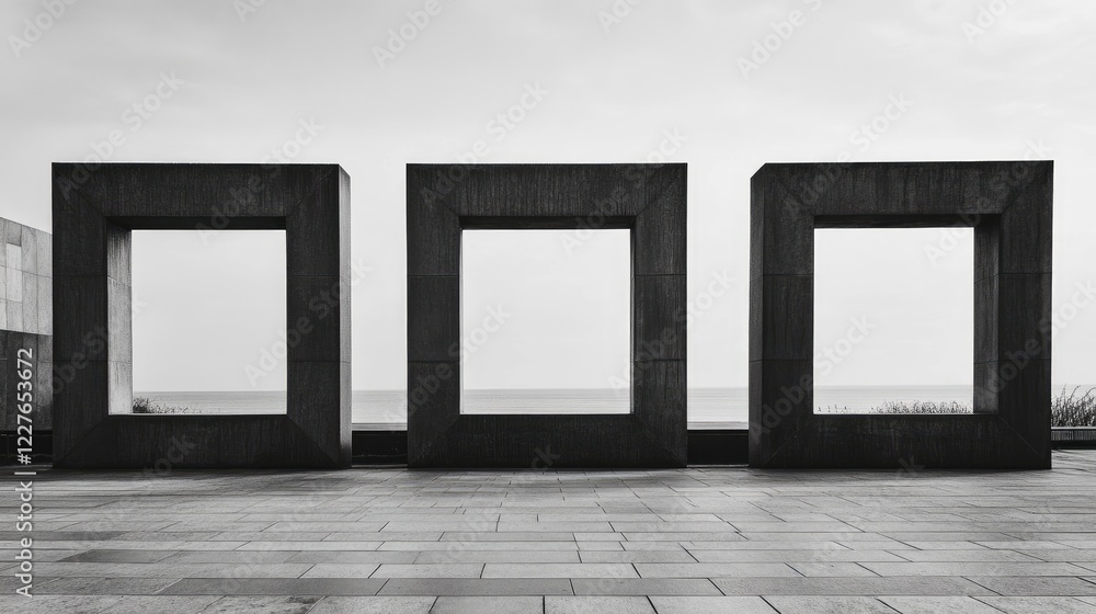 Minimalist composition with three empty square frames against a serene backdrop showcasing elegant simplicity and contemporary design. Minimalist composition with three empty square frames against a serene backdrop showcasing elegant simplicity and contemporary design.