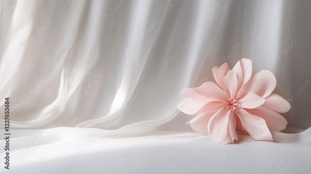 Obraz premium Elegant Pink Flower on Soft White Fabric Background for Minimalist Home Decor and Interior Design Concepts