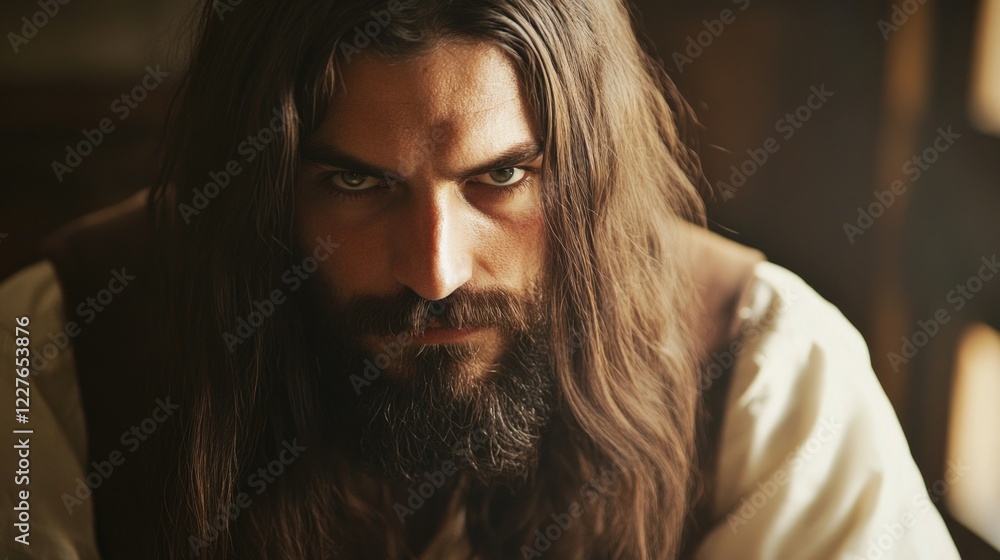 Intense portrait of a man with long hair and beard maintaining direct eye contact with the camera in a moody, atmospheric setting