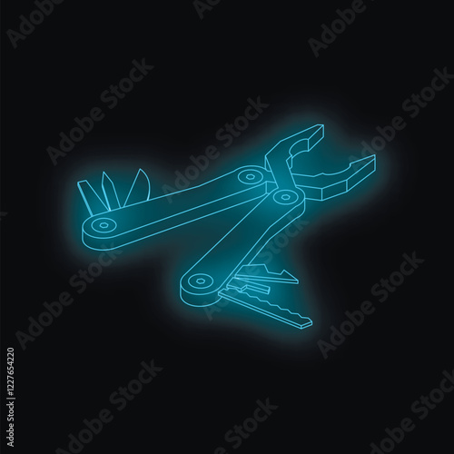Wireframe glowing multitool pliers with different tools on a dark background