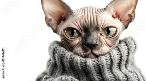 a Sphynx cat in a warm knitted sweater, cozy and stylish, digital art, isolated on white background