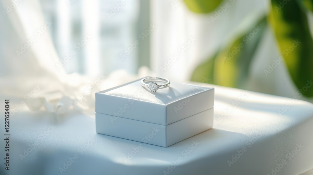 Elegant white wedding ring box showcasing a delicate ring illuminated by natural light, symbolizing love and celebration. Elegant white wedding ring box showcasing a delicate ring illuminated by natural light, symbolizing love and celebration.