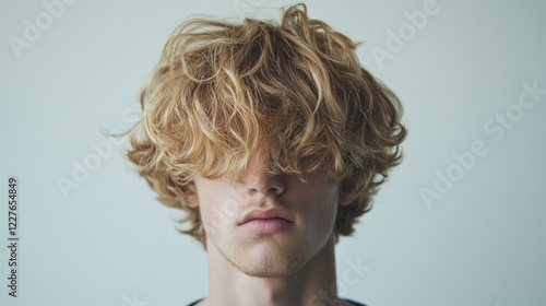 Young man with tousled curly blonde hair covering his eyes against a minimalistic white background.