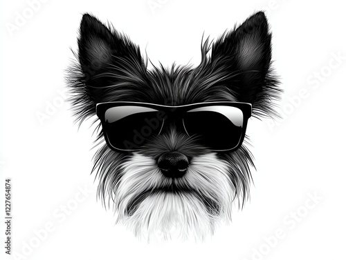 a tiny Yorkshire Terrier wearing sunglasses, stylish and sassy, highdetail vector art, isolated on white background photo