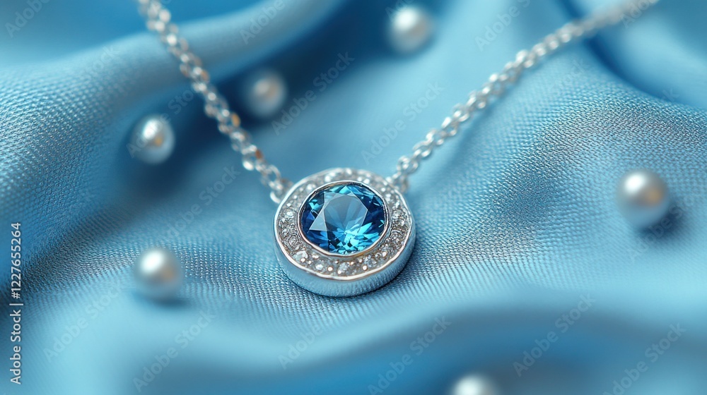 Fototapeta premium Blue gemstone necklace, silk, pearls, jewelry, advertising