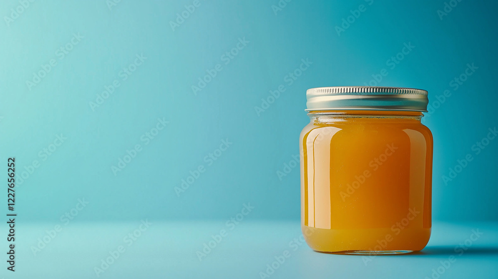 a jar of fresh peach jam isolated on blue background a jar of fresh peach jam isolated on blue background