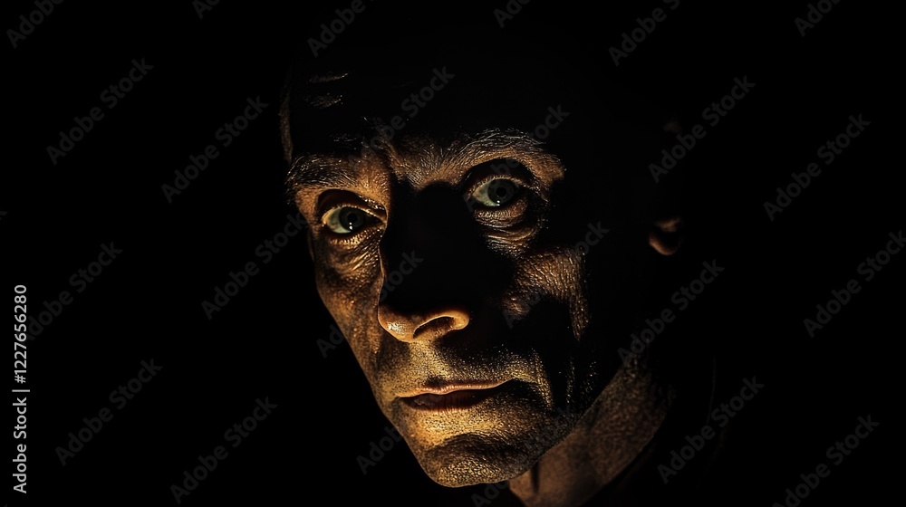 Mysterious portrait of a man illuminated in darkness with a penetrating gaze directly towards the camera creating an eerie atmosphere. Mysterious portrait of a man illuminated in darkness with a penetrating gaze directly towards the camera creating an eerie atmosphere.