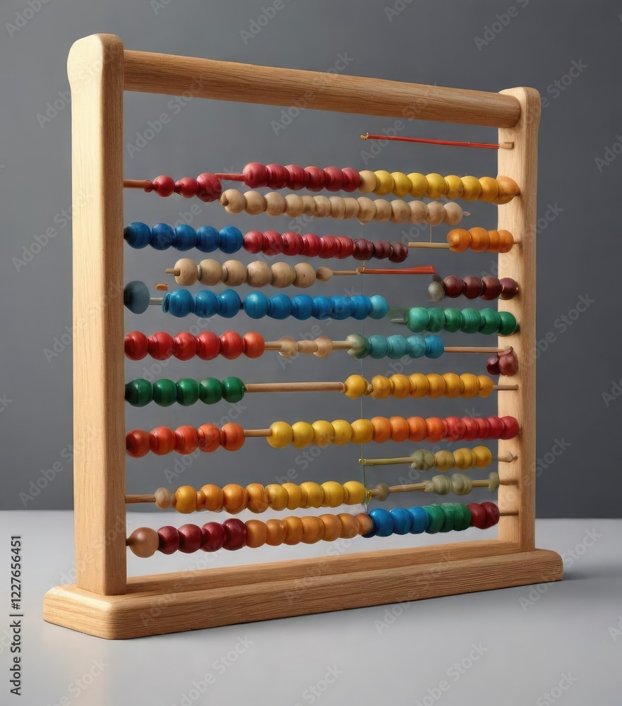 Side view of wooden abacus with colorful beads, Wooden counting frame, Math fundamentals, School essentials Side view of wooden abacus with colorful beads, Wooden counting frame, Math fundamentals, School essentials