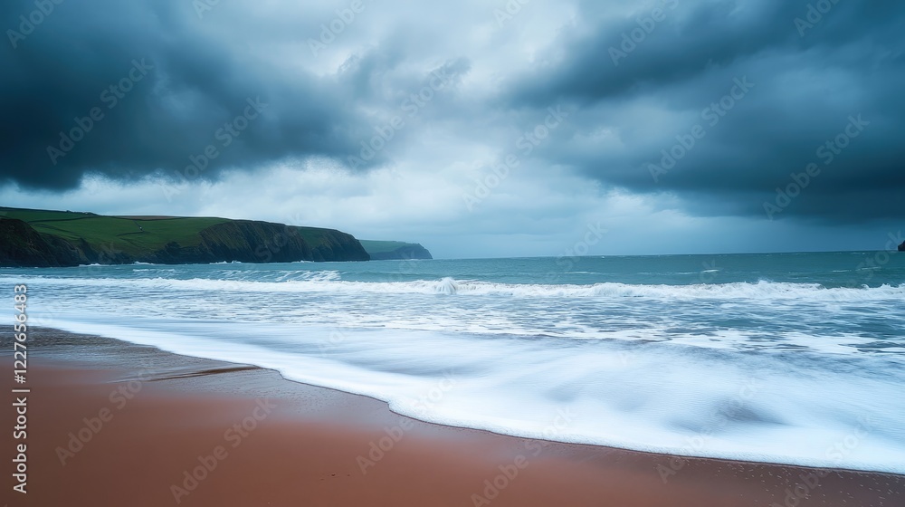 Moody Ocean Waves Gently Crashing on Sandy Beach under Dramatic Cloudy Sky with Lush Green Cliffs in Background