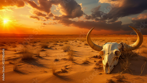Buffalo skull with large horns rests upon golden grasslands in the North illuminated by a vast, cloudy sky