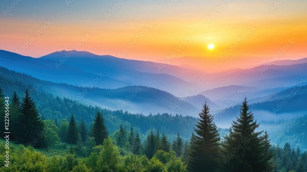 Obraz premium Serene sunrise illuminating misty hills and lush forests in a tranquil landscape at dawn.