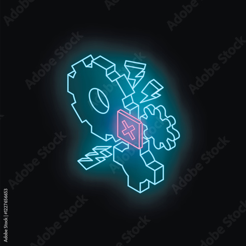 Glowing neon cancel symbol stopping isometric gears and cogs representing system error, technical issue, or critical failure
