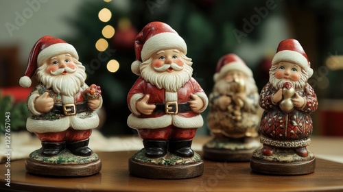 Festive nativity scene figurines showcasing cheerful Santa Claus in traditional holiday attire. Perfect for holiday decoration themes. photo